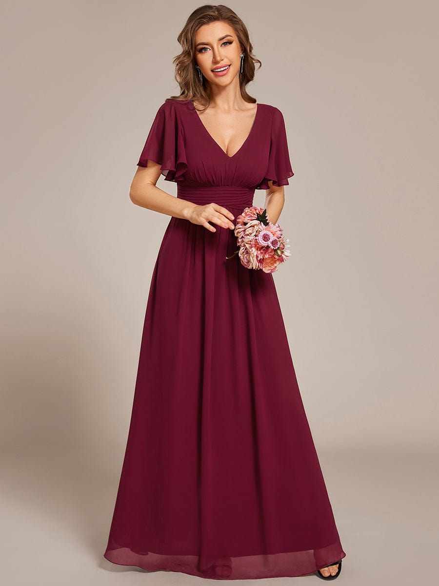 V-neck Lace-up Back Chiffon Maxi Bridesmaid Dress #color_Burgundy