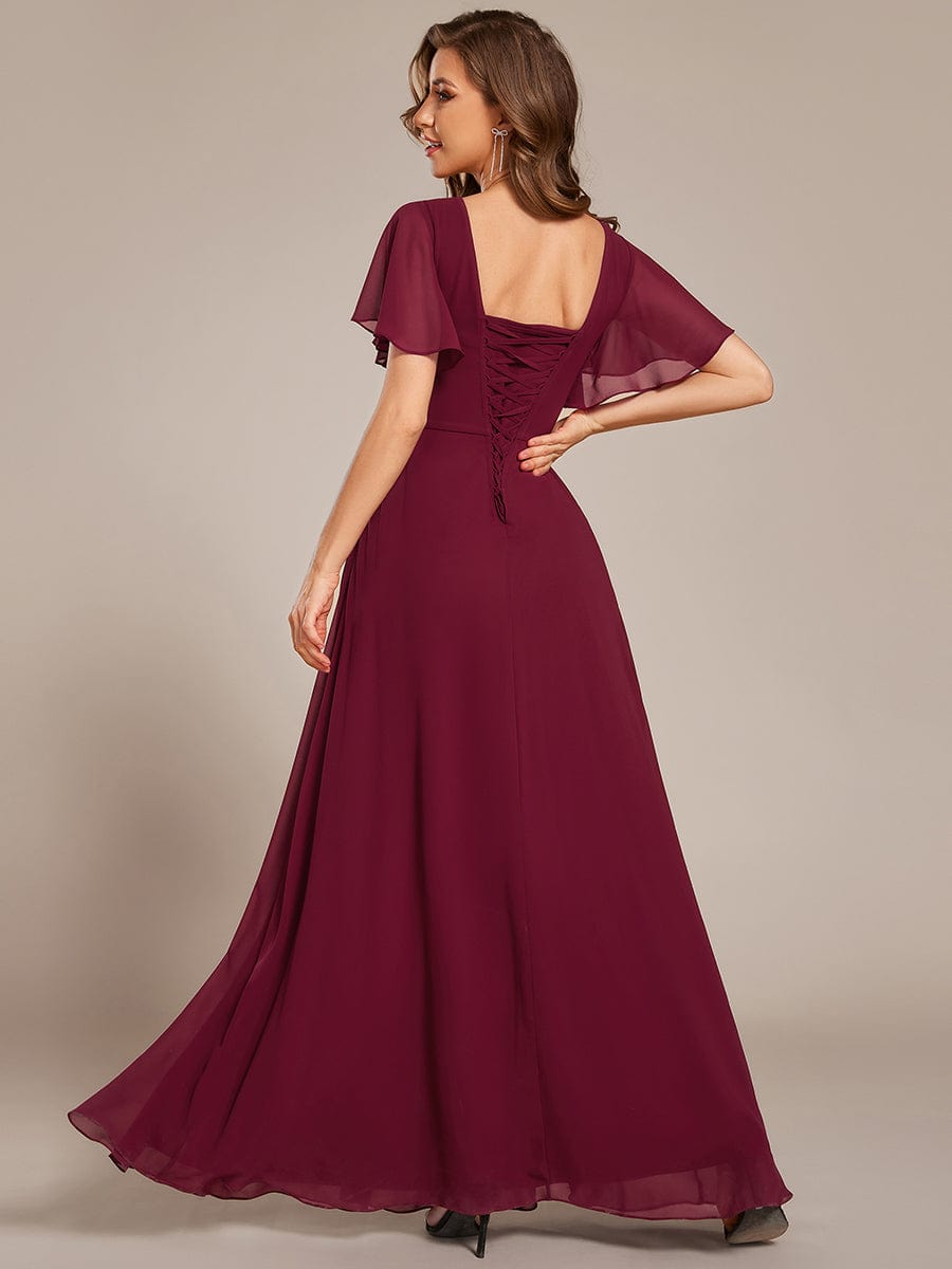 V-neck Lace-up Back Chiffon Maxi Bridesmaid Dress #color_Burgundy