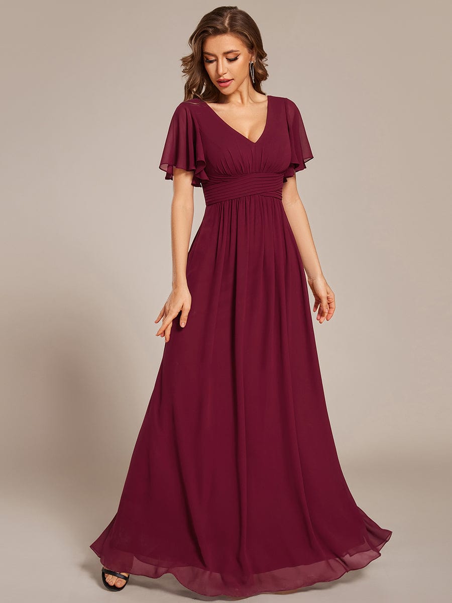 V-neck Lace-up Back Chiffon Maxi Bridesmaid Dress #color_Burgundy