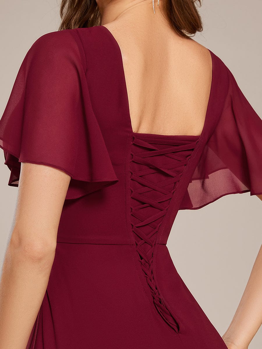 V-neck Lace-up Back Chiffon Maxi Bridesmaid Dress #color_Burgundy