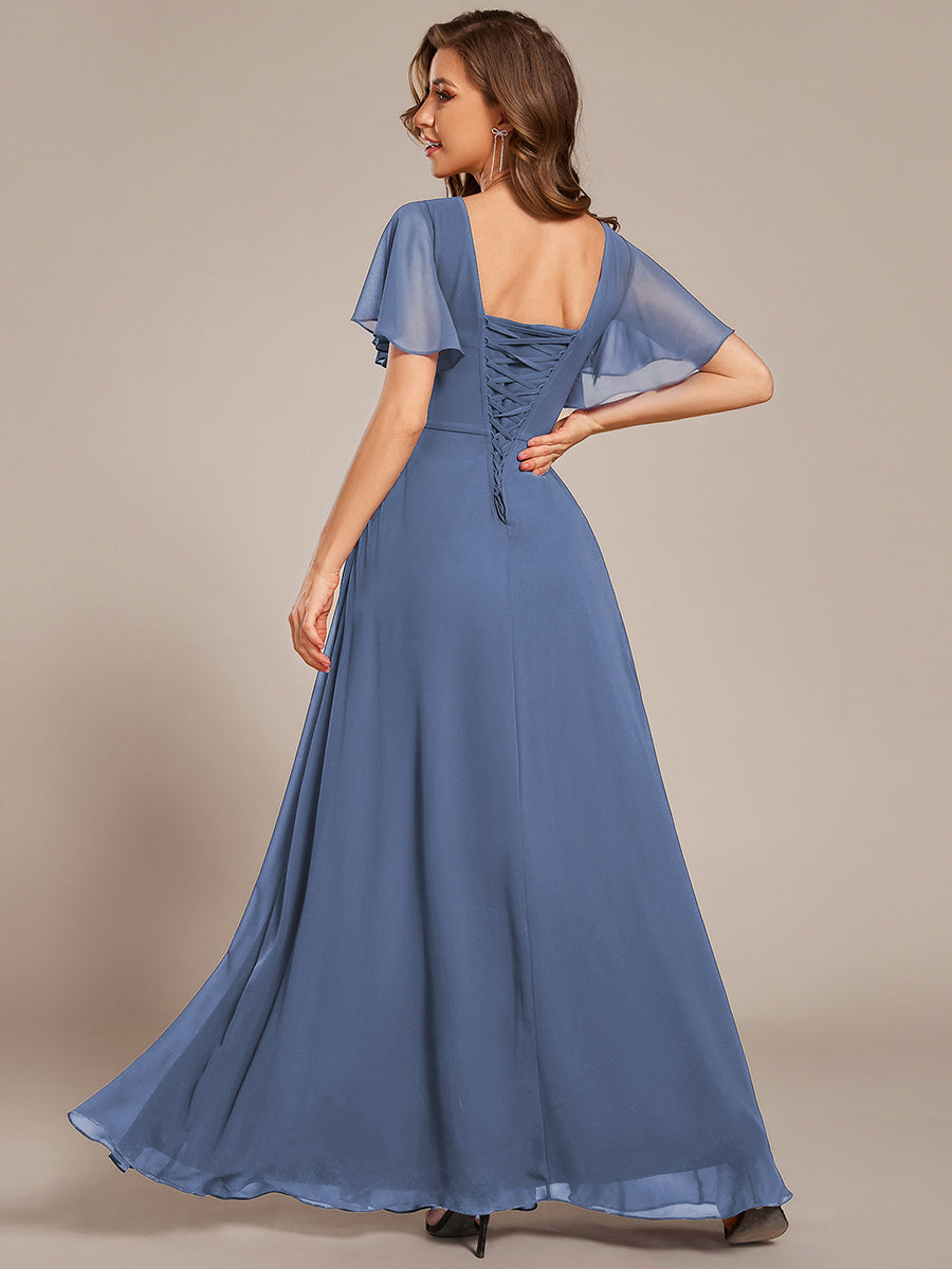 V-neck Lace-up Back Chiffon Maxi Bridesmaid Dress #color_Dusty Blue