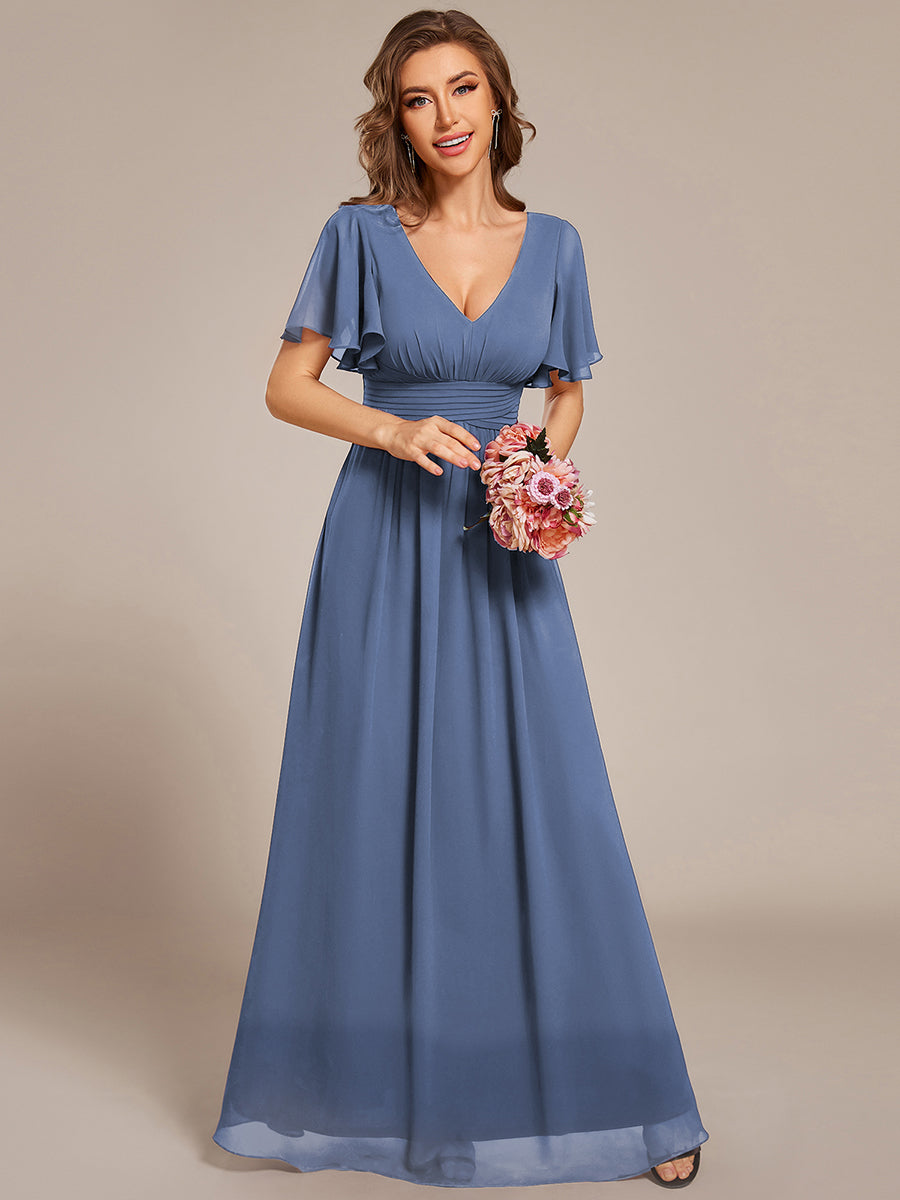 V-neck Lace-up Back Chiffon Maxi Bridesmaid Dress #color_Dusty Blue