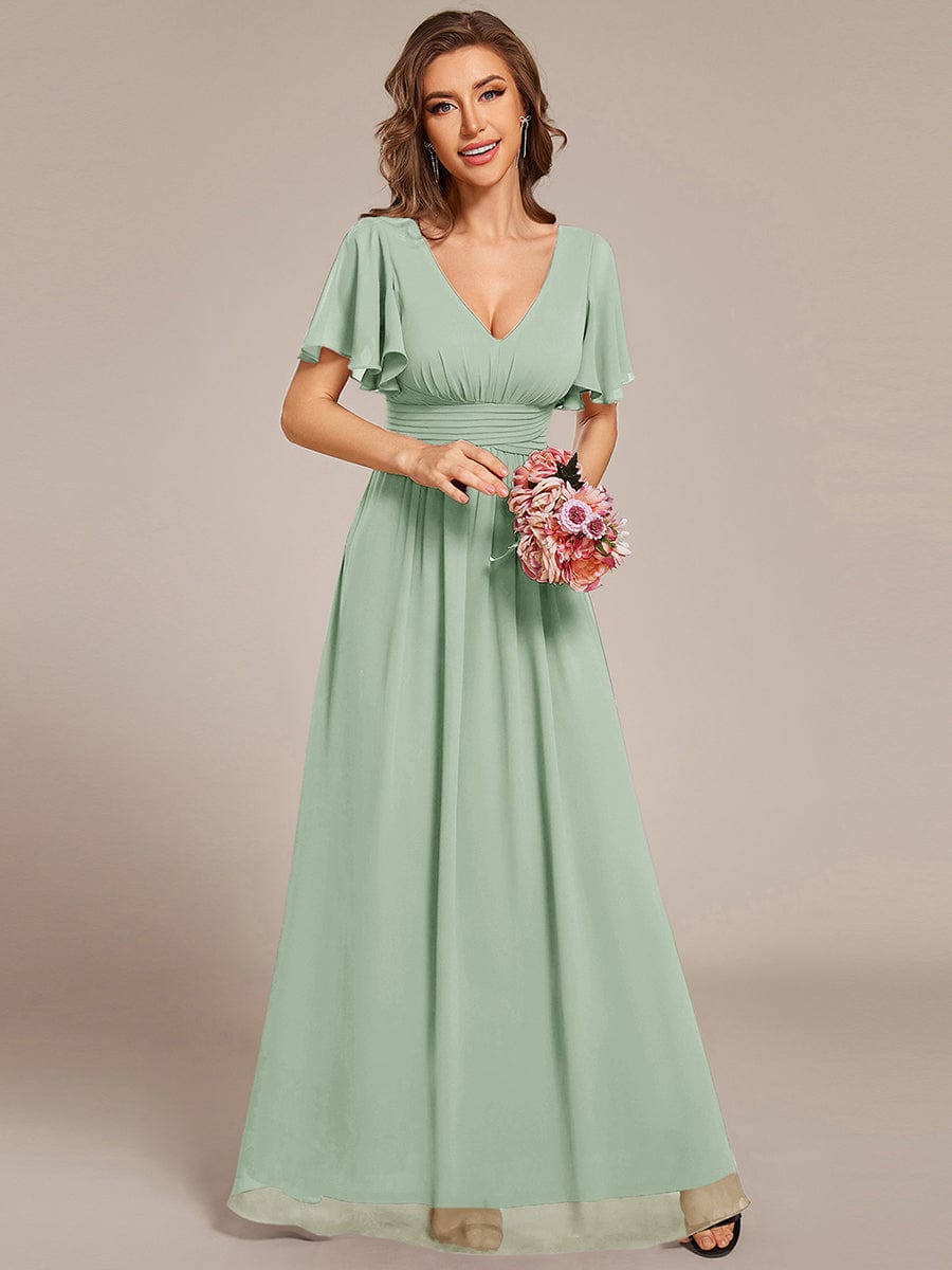 V-neck Lace-up Back Chiffon Maxi Bridesmaid Dress #color_Mint Green