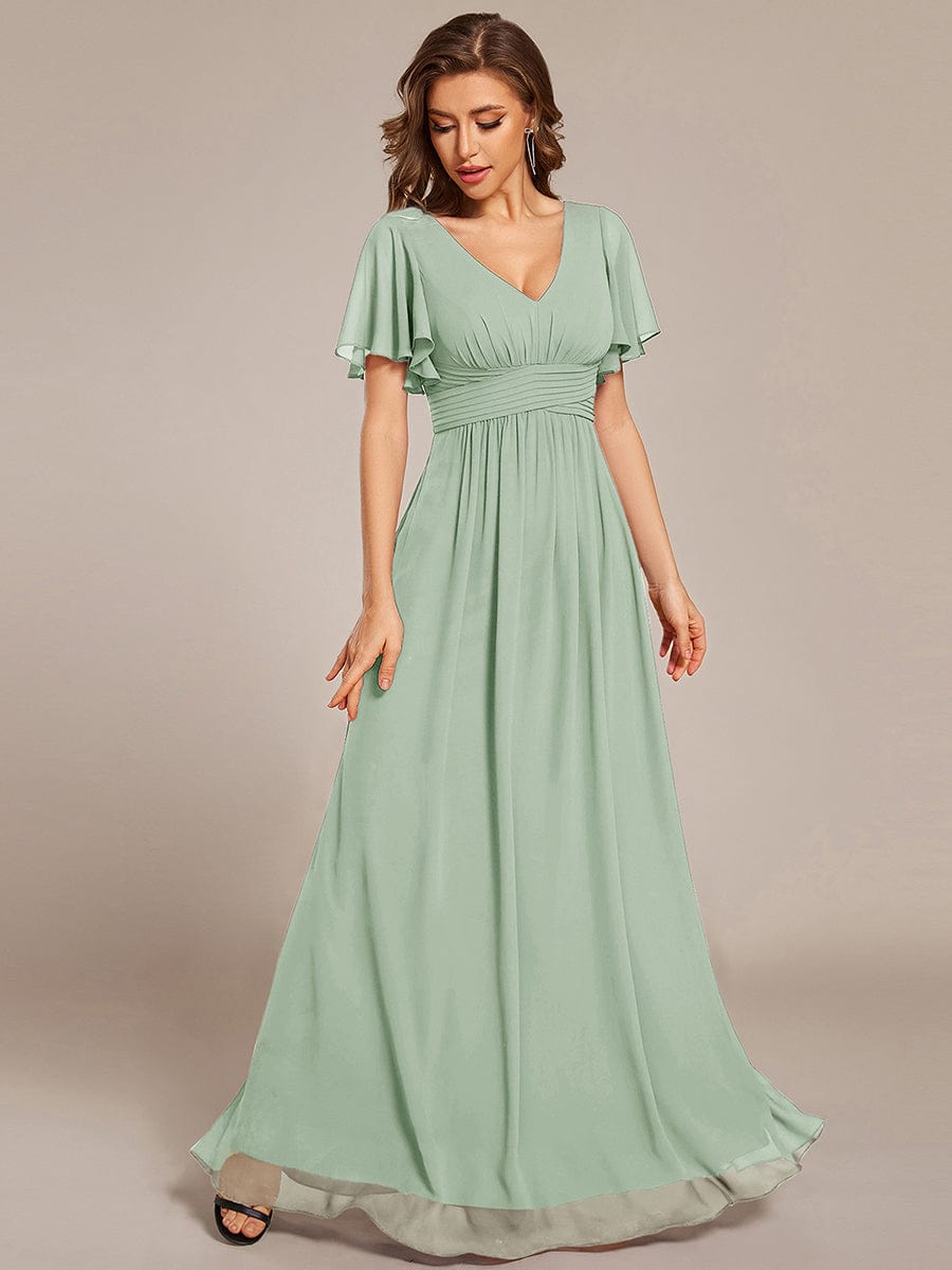 V-neck Lace-up Back Chiffon Maxi Bridesmaid Dress #color_Mint Green