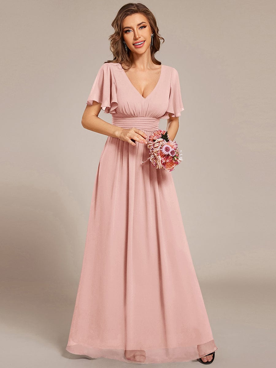 V-neck Lace-up Back Chiffon Maxi Bridesmaid Dress #color_Pink