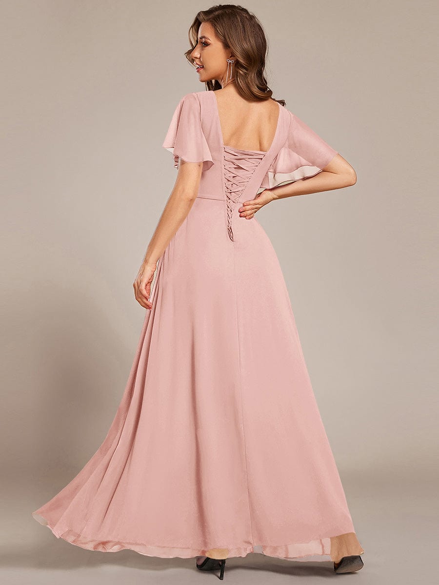 V-neck Lace-up Back Chiffon Maxi Bridesmaid Dress #color_Pink