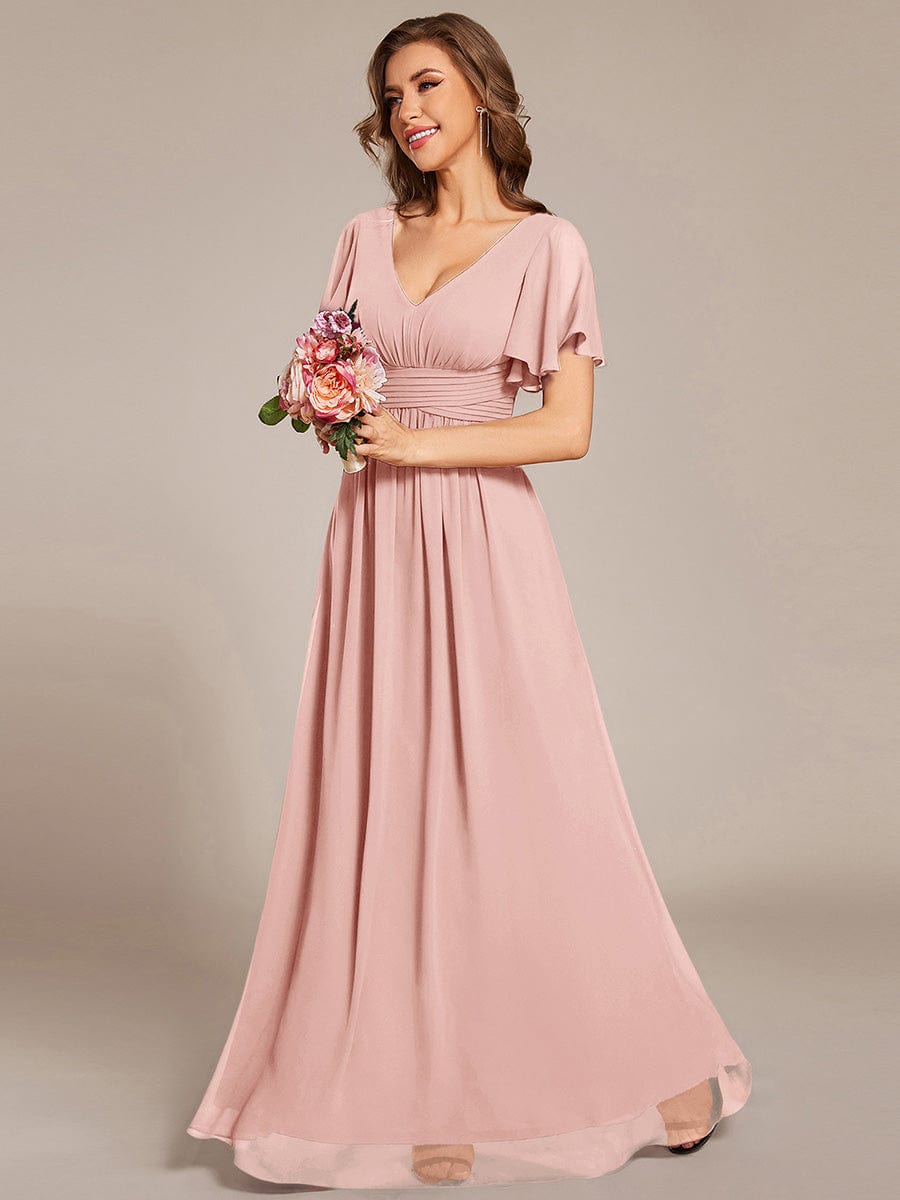 V-neck Lace-up Back Chiffon Maxi Bridesmaid Dress #color_Pink