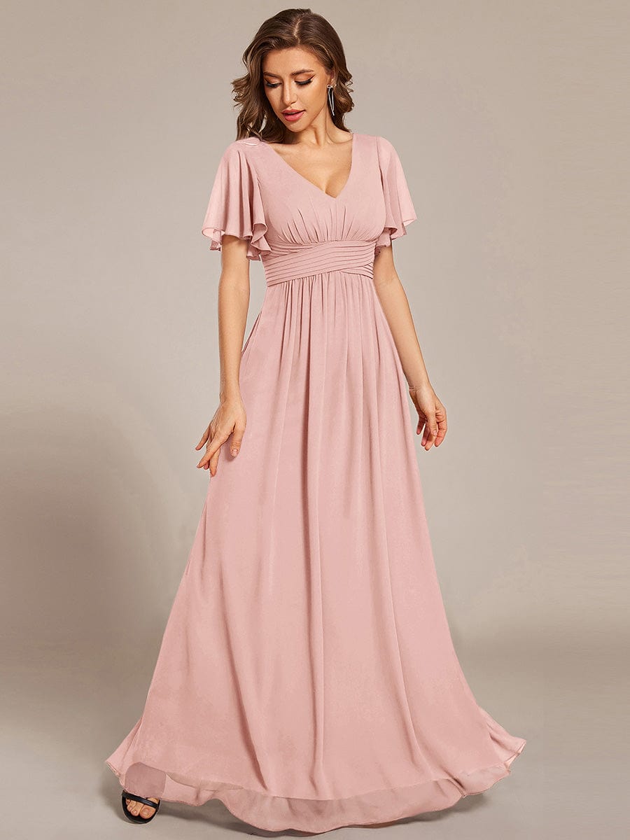 V-neck Lace-up Back Chiffon Maxi Bridesmaid Dress #color_Pink