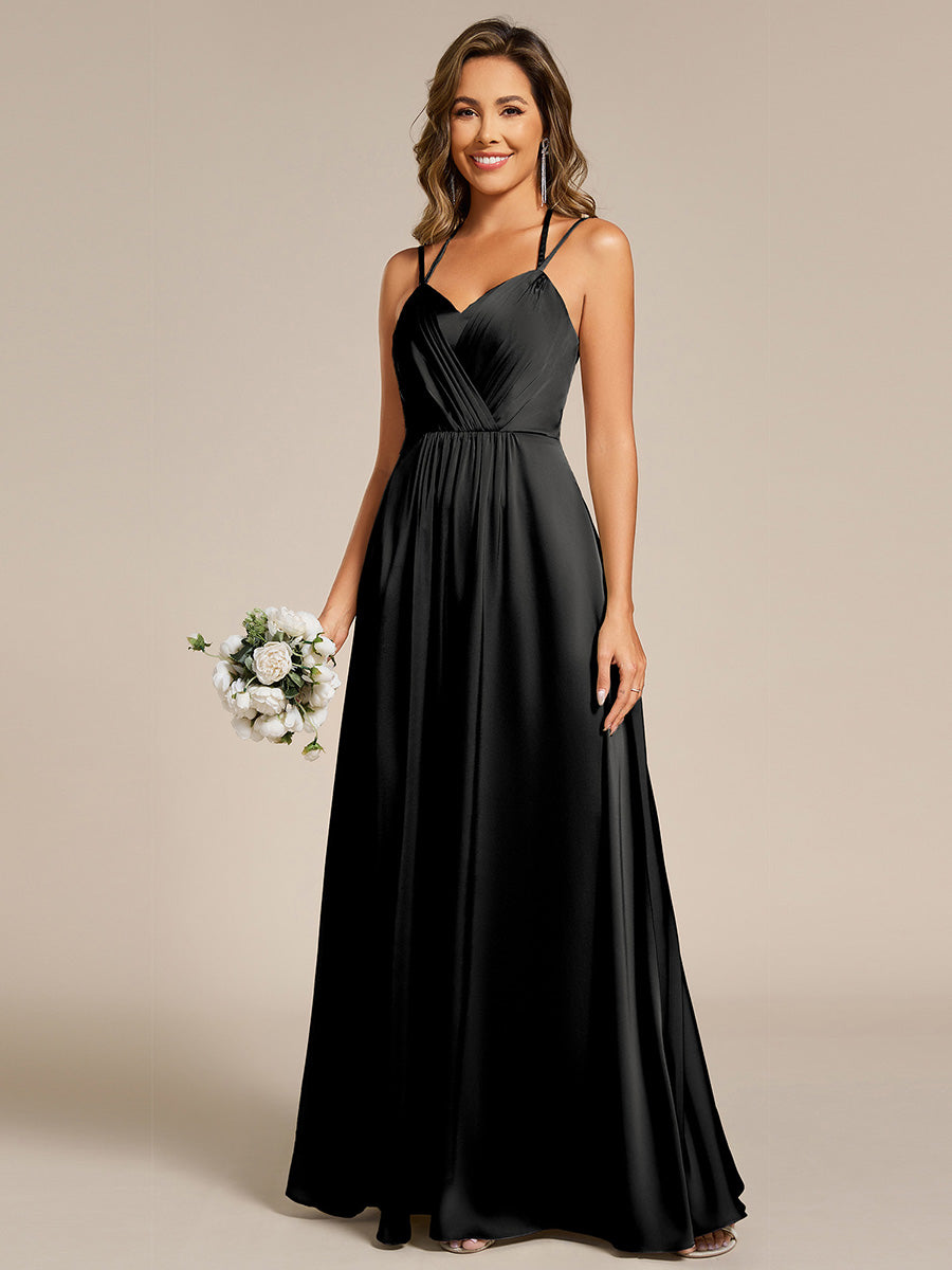 Multiway Spaghetti Straps Backless Satin Bridesmaid Dress With Embellished Applique #color_Black