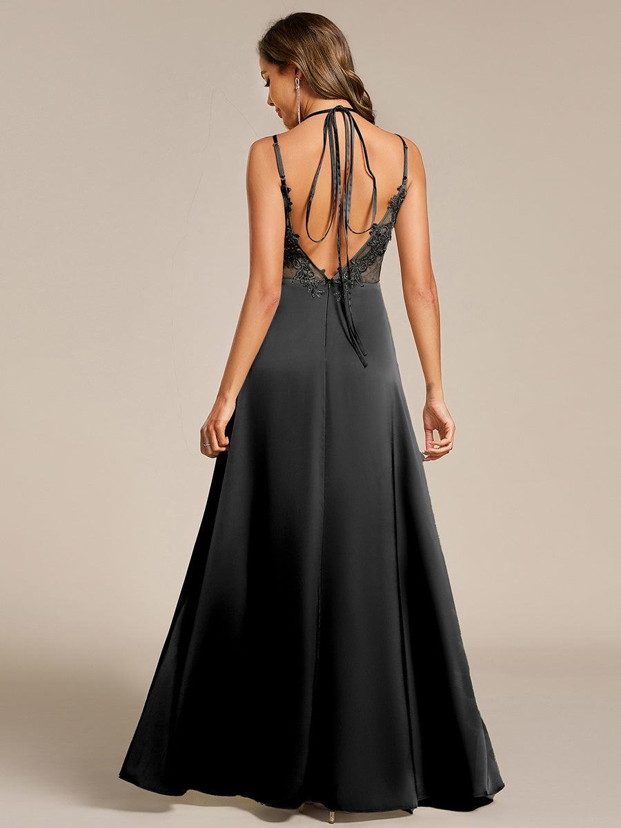 Multiway Spaghetti Straps Backless Satin Bridesmaid Dress With Embellished Applique #color_Black