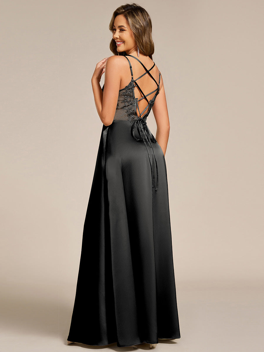 Multiway Spaghetti Straps Backless Satin Bridesmaid Dress With Embellished Applique #color_Black