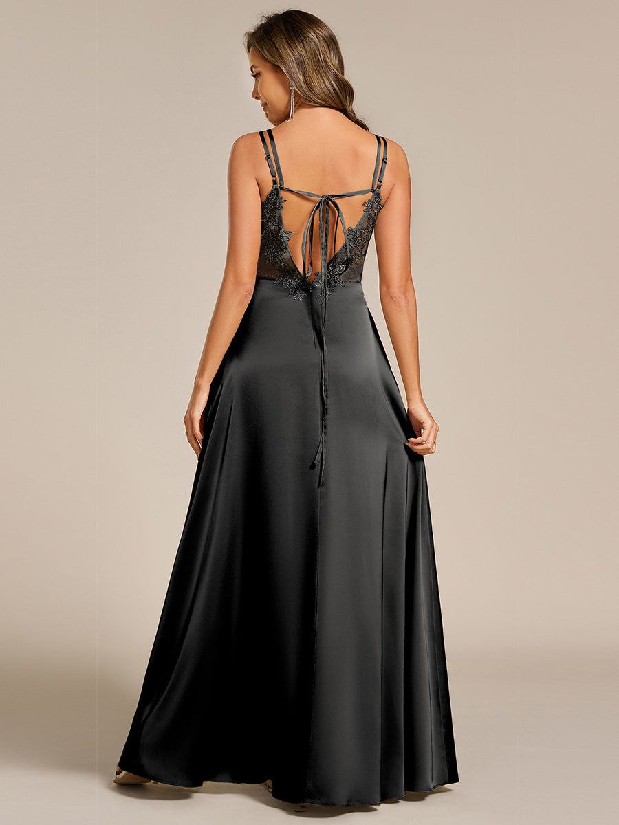 Multiway Spaghetti Straps Backless Satin Bridesmaid Dress With Embellished Applique #color_Black