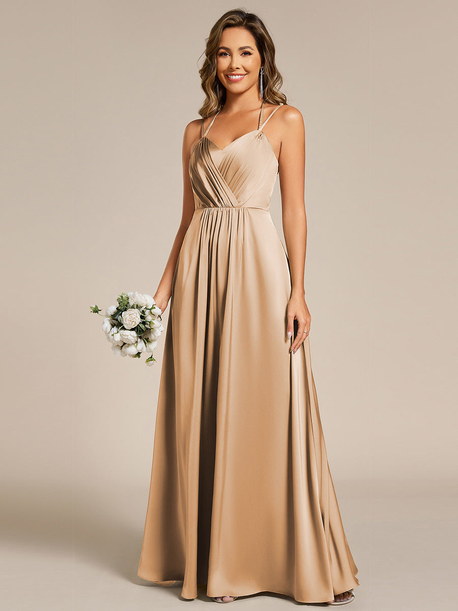 Multiway Spaghetti Straps Backless Satin Bridesmaid Dress With Embellished Applique #color_Champagne