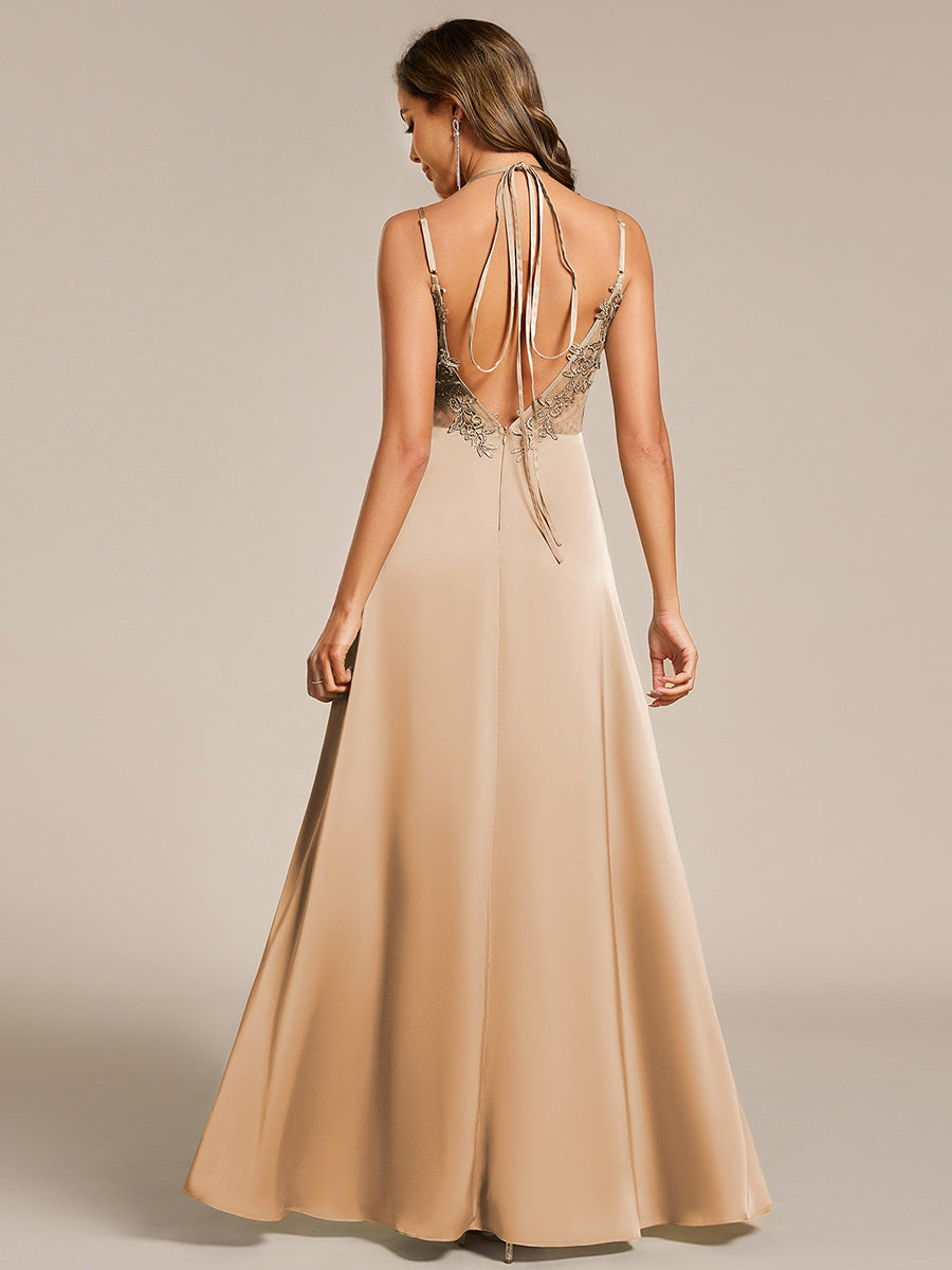 Multiway Spaghetti Straps Backless Satin Bridesmaid Dress With Embellished Applique #color_Champagne