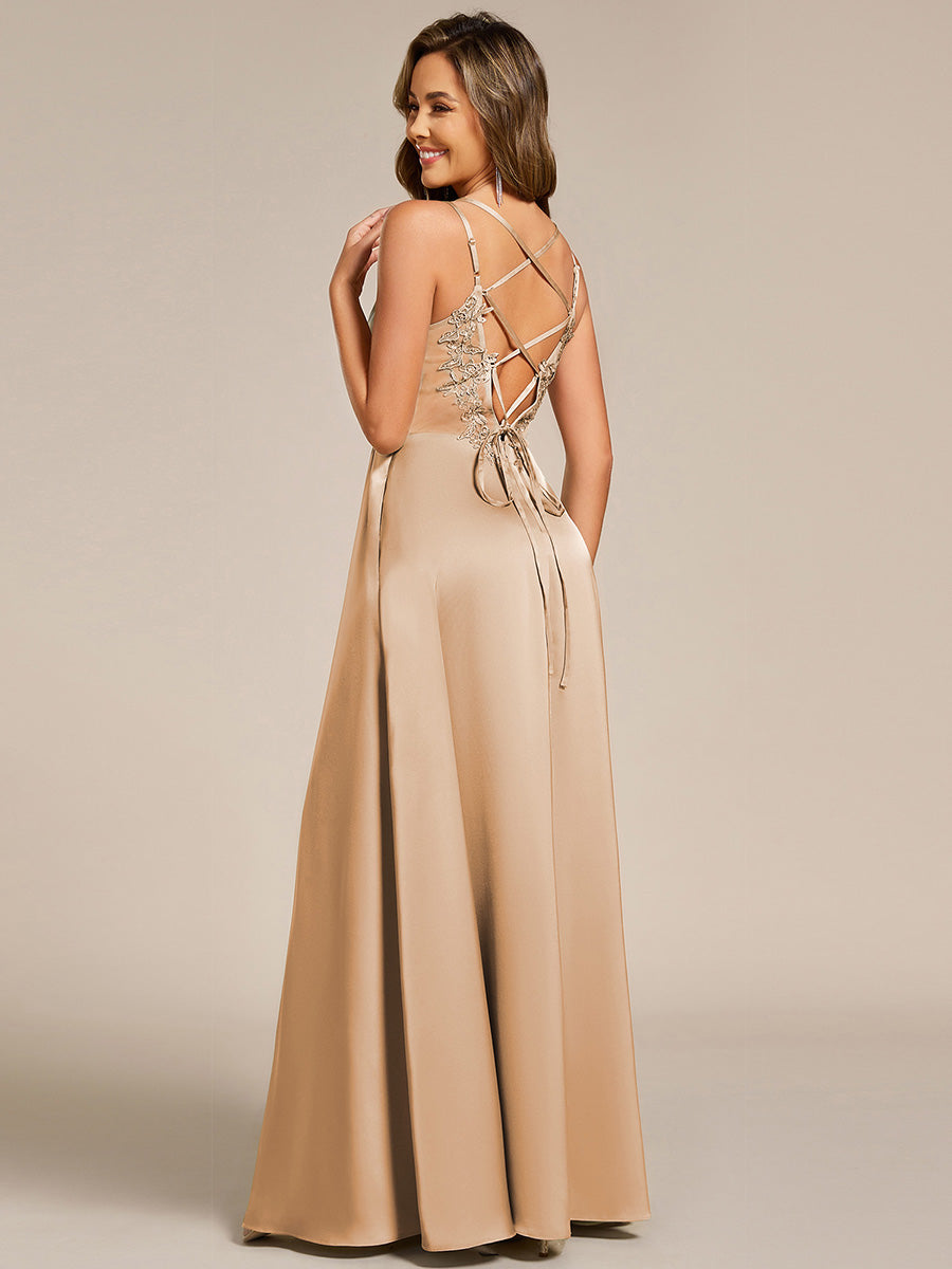 Multiway Spaghetti Straps Backless Satin Bridesmaid Dress With Embellished Applique #color_Champagne