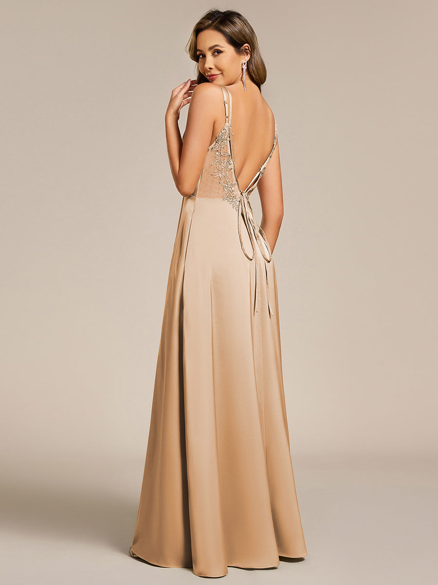 Multiway Spaghetti Straps Backless Satin Bridesmaid Dress With Embellished Applique #color_Champagne