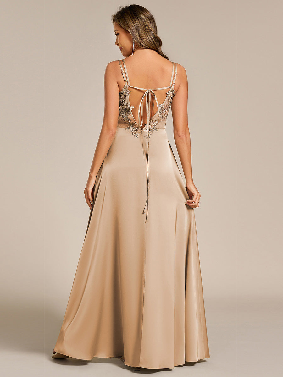 Multiway Spaghetti Straps Backless Satin Bridesmaid Dress With Embellished Applique #color_Champagne