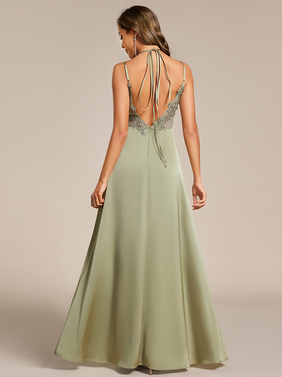 Multiway Spaghetti Straps Backless Satin Bridesmaid Dress With Embellished Applique #color_Sage Green