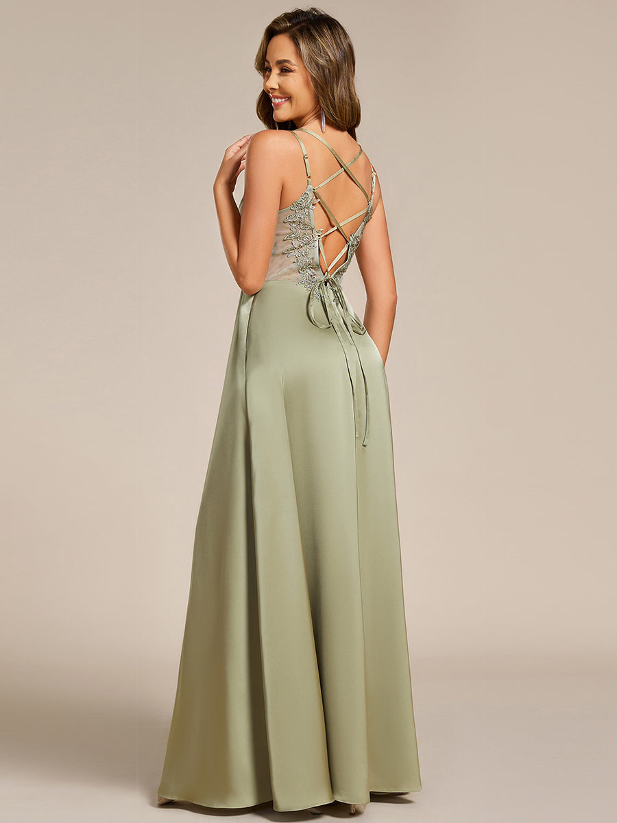 Multiway Spaghetti Straps Backless Satin Bridesmaid Dress With Embellished Applique #color_Sage Green