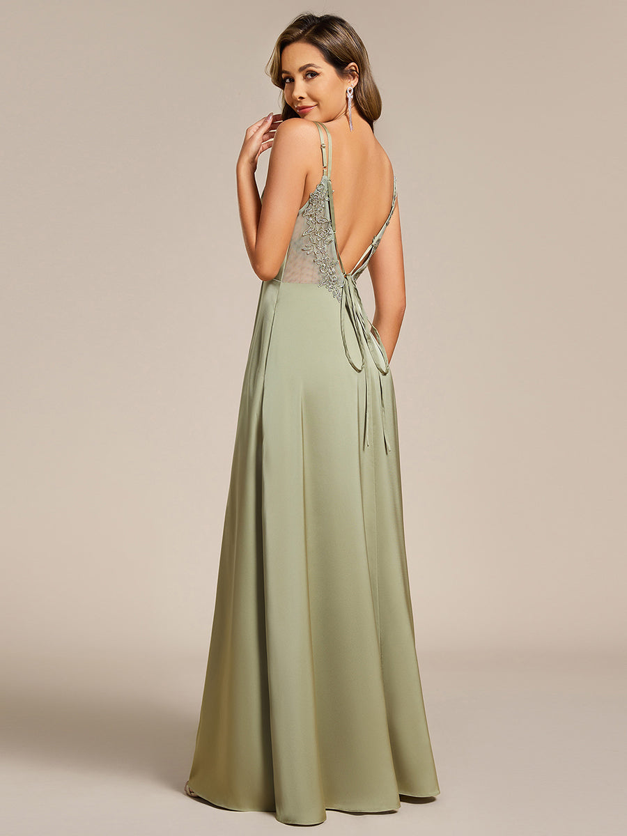 Multiway Spaghetti Straps Backless Satin Bridesmaid Dress With Embellished Applique #color_Sage Green