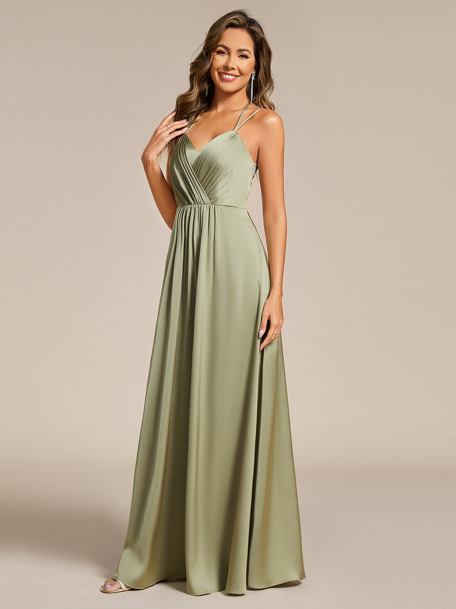 Multiway Spaghetti Straps Backless Satin Bridesmaid Dress With Embellished Applique #color_Sage Green