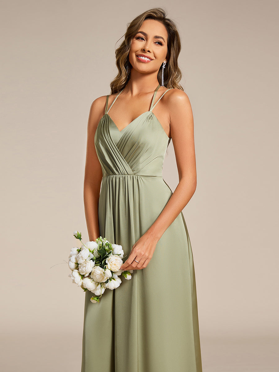 Multiway Spaghetti Straps Backless Satin Bridesmaid Dress With Embellished Applique #color_Sage Green