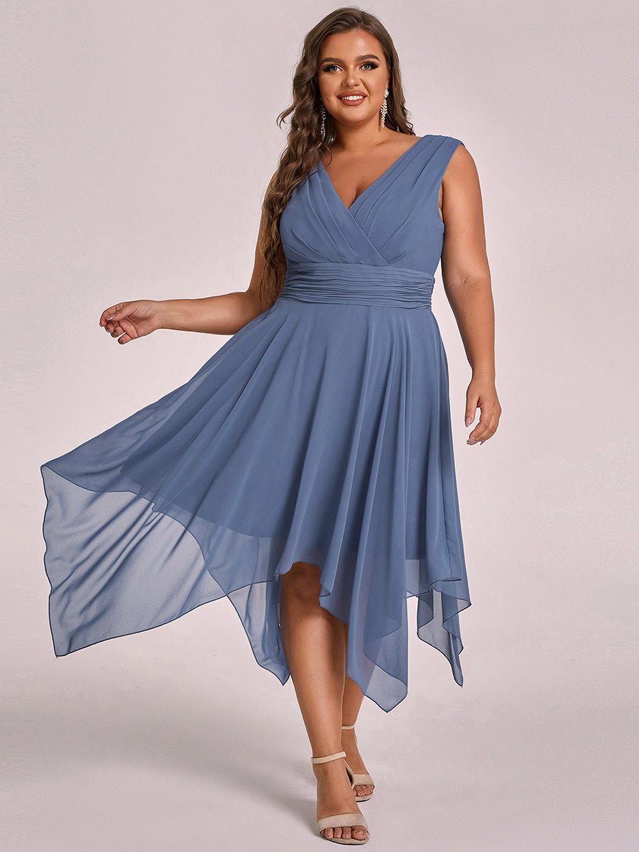 Knee Length Chiffon Bridesmaid Dress with Irregular Hem in Dusty Blue #color_Dusty Blue