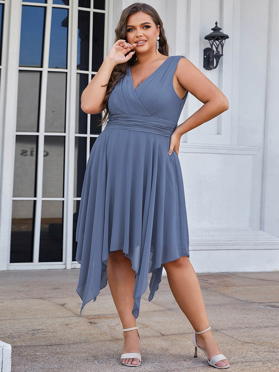 Knee Length Chiffon Bridesmaid Dress with Irregular Hem in Dusty Blue #color_Dusty Blue