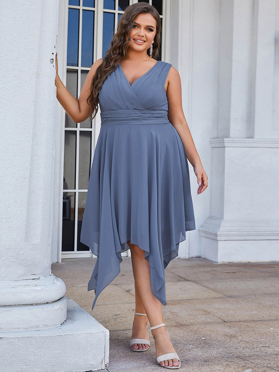 Knee Length Chiffon Bridesmaid Dress with Irregular Hem in Dusty Blue #color_Dusty Blue