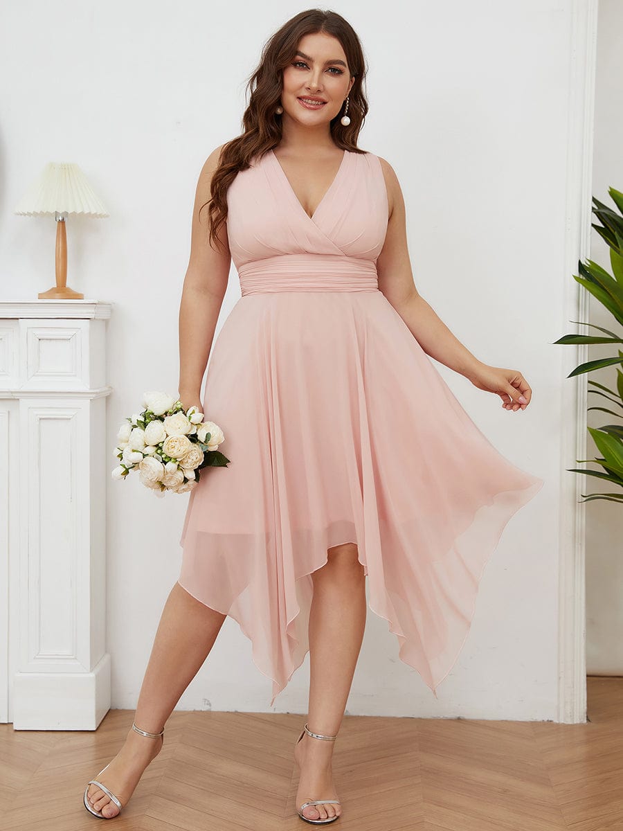 Knee Length Chiffon Bridesmaid Dress with Irregular Hem #color_Pink