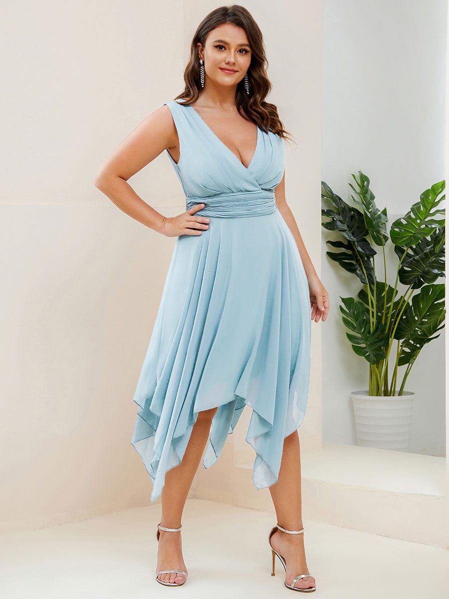 Plus Size Knee Length Asymmetrical Hem Chiffon Bridesmaid Dress #color_Sky Blue