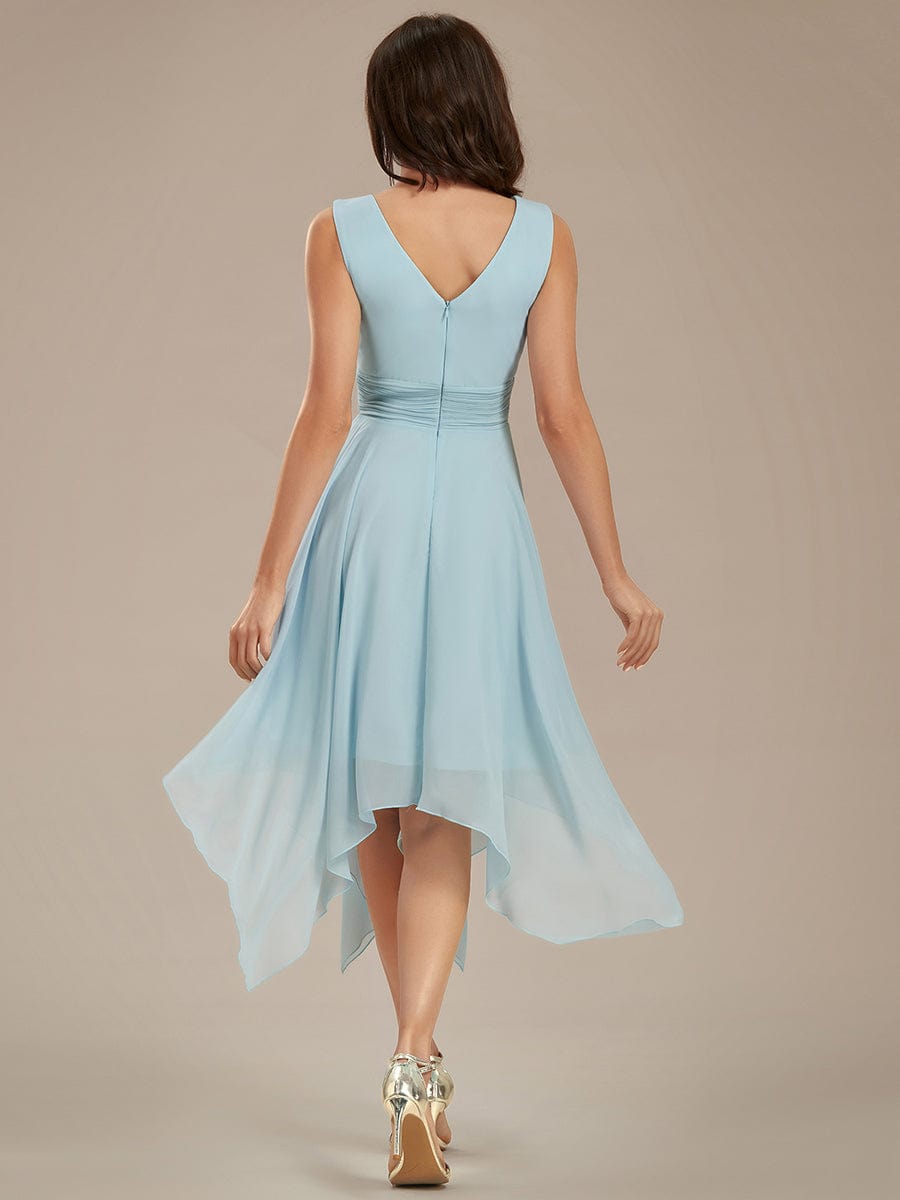 Simple V-Neck Irregular Hem Chiffon Midi Bridesmaid Dress #color_Sky Blue