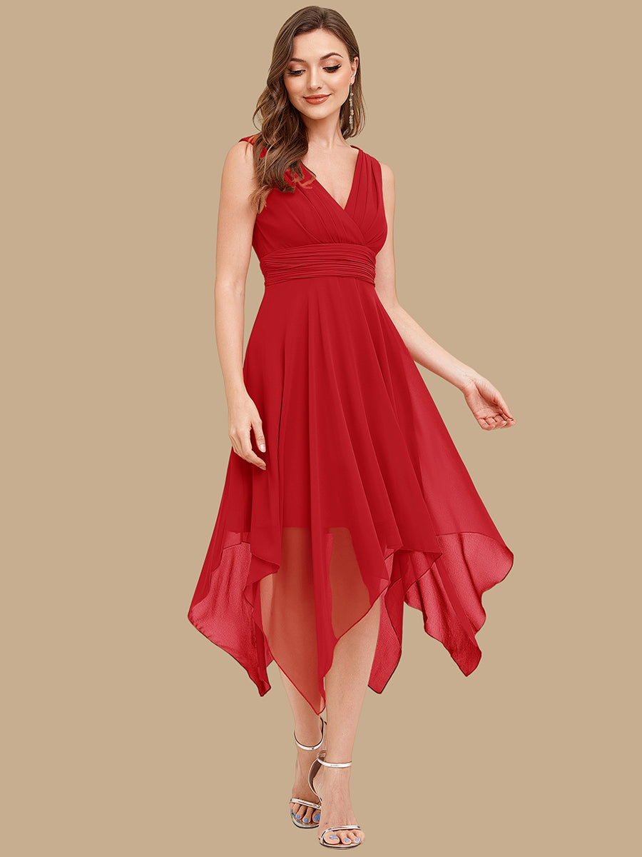 Knee Length Chiffon Bridesmaid Dress with Irregular Hem #color_Red