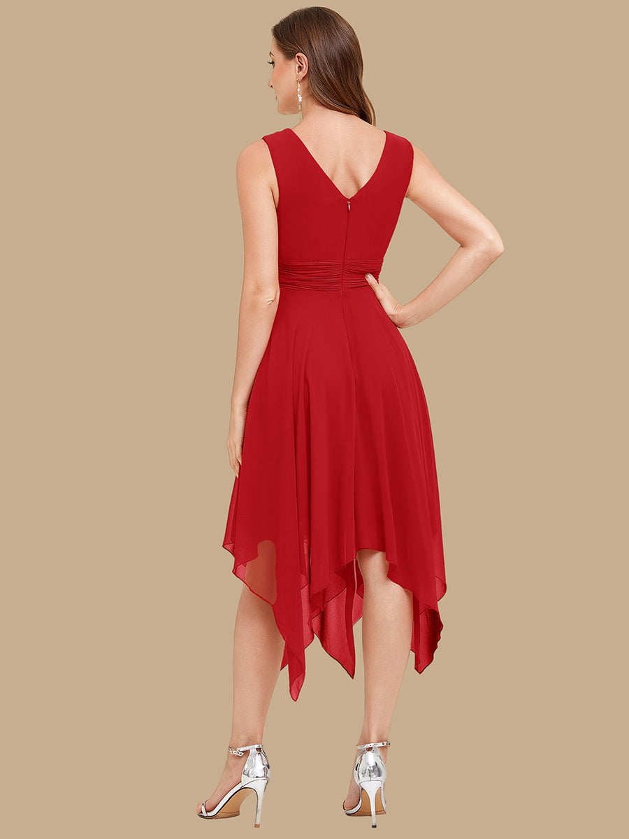 Knee Length Chiffon Bridesmaid Dress with Irregular Hem #color_Red