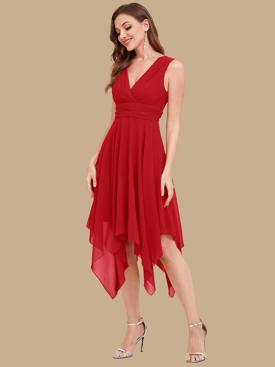 Knee Length Chiffon Bridesmaid Dress with Irregular Hem #color_Red