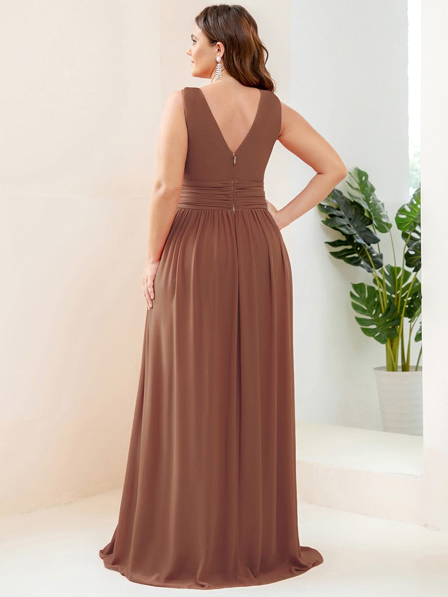 V Neck Sleeveless Pleated Chiffon Evening Dress #color_Brown