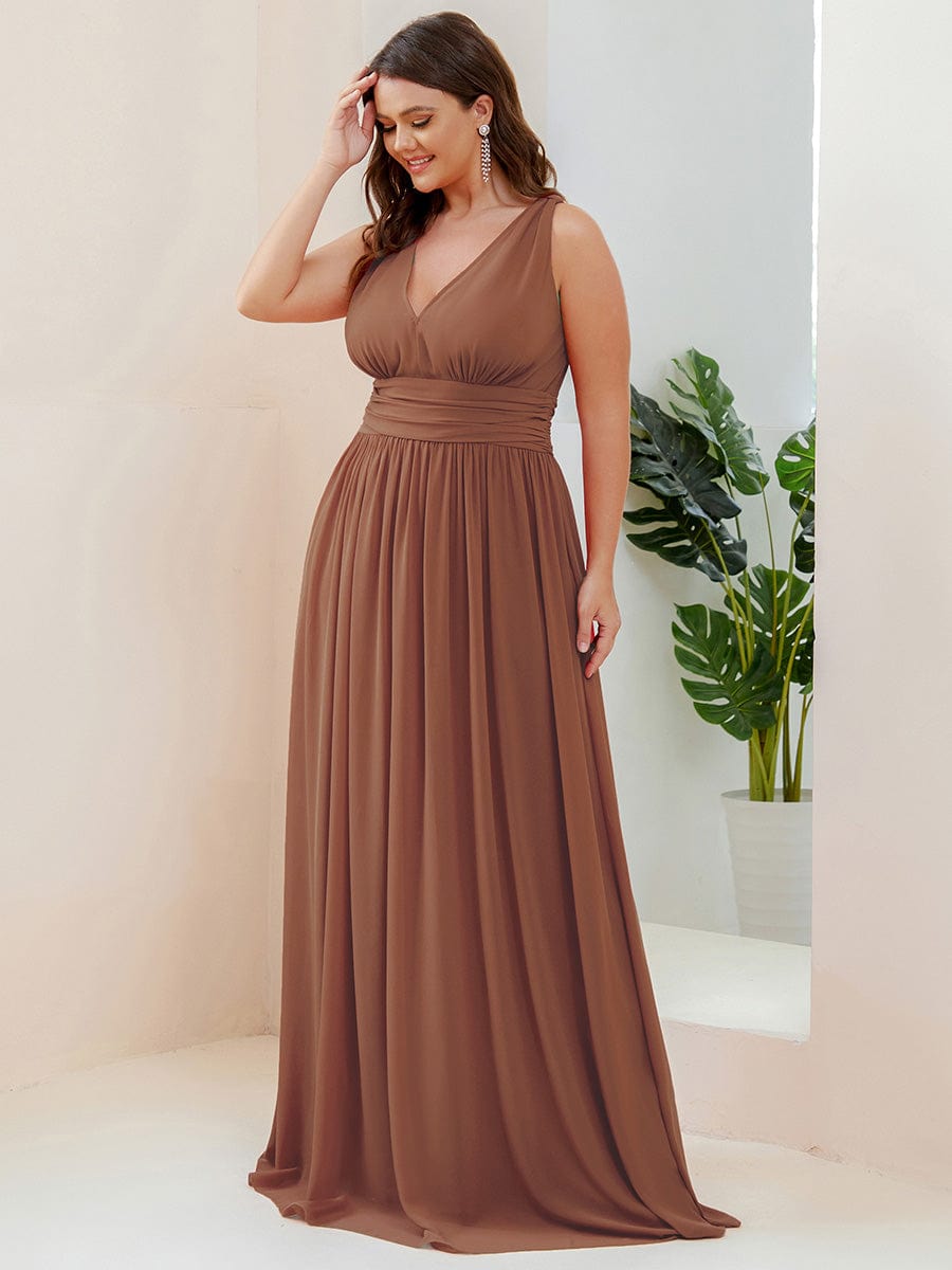 V Neck Sleeveless Pleated Chiffon Evening Dress #color_Brown