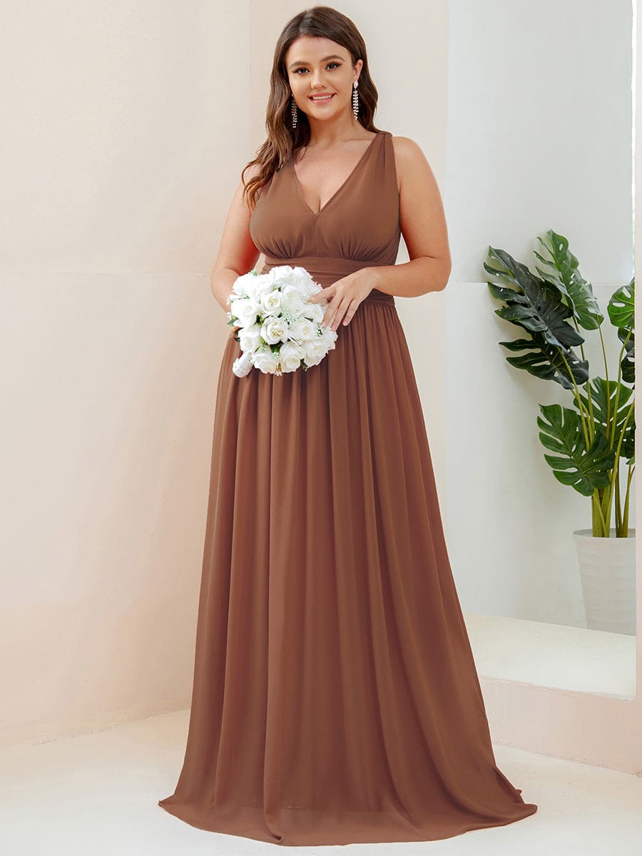 V Neck Sleeveless Pleated Chiffon Evening Dress #color_Brown