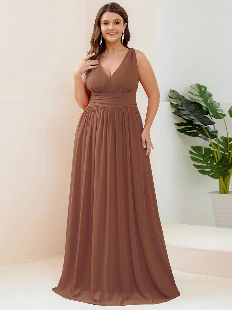 V Neck Sleeveless Pleated Chiffon Evening Dress #color_Brown