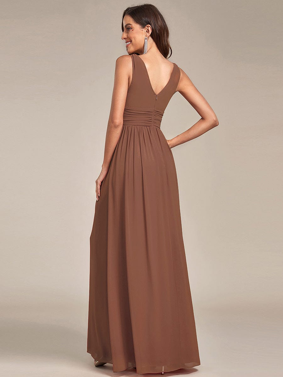 V Neck Sleeveless Pleated Chiffon Evening Dress #color_Brown