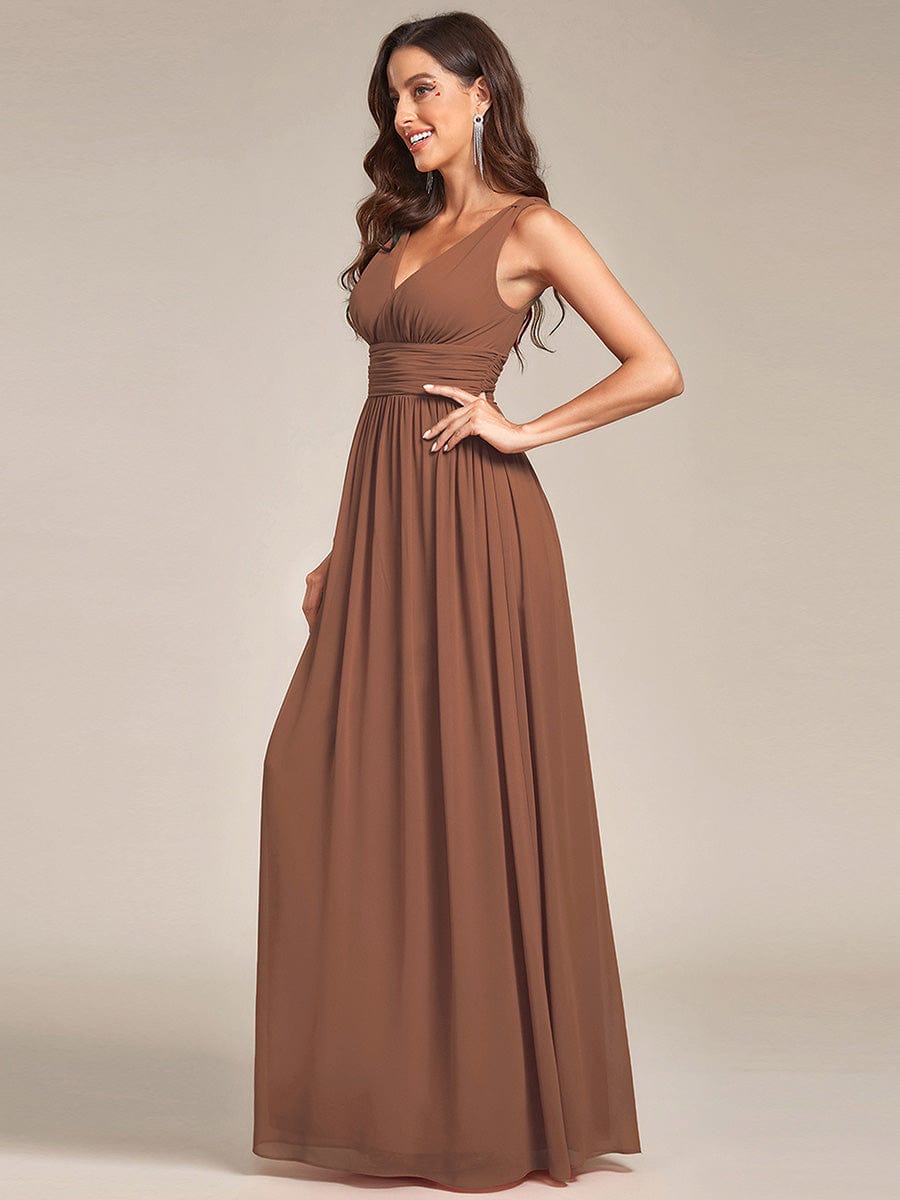 V Neck Sleeveless Pleated Chiffon Evening Dress #color_Brown