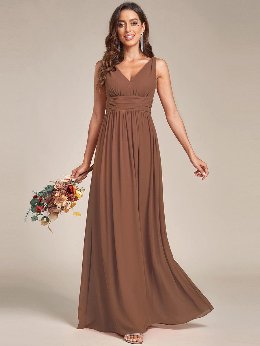 V Neck Sleeveless Pleated Chiffon Evening Dress #color_Brown