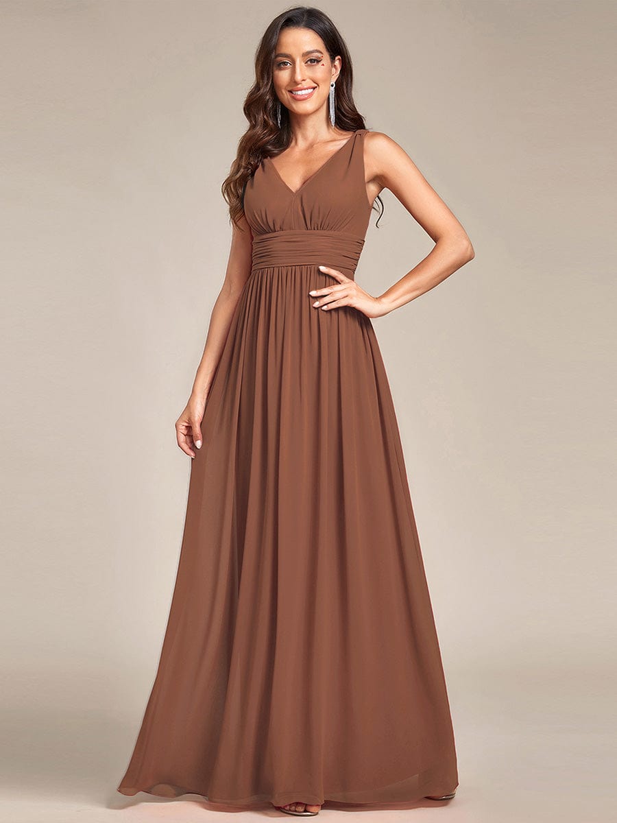 V Neck Sleeveless Pleated Chiffon Evening Dress #color_Brown