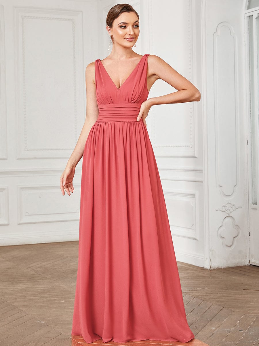 V Neck Sleeveless Pleated Chiffon Maxi Evening Dress #color_Coral