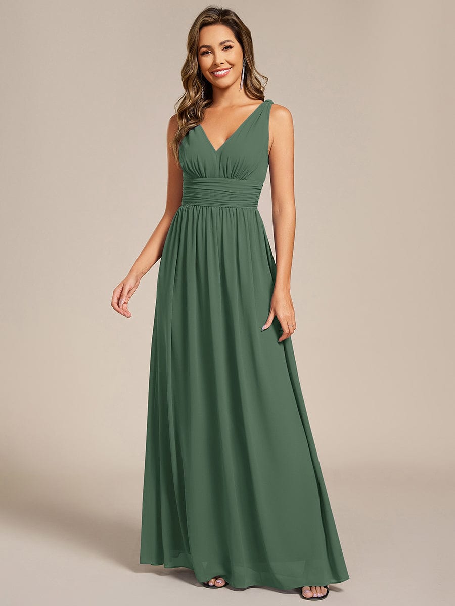 V Neck Sleeveless Pleated Chiffon Maxi Evening Dress #color_Eucalyptus Green