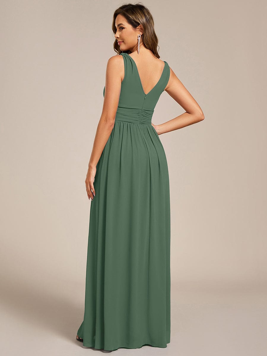 V Neck Sleeveless Pleated Chiffon Maxi Evening Dress #color_Eucalyptus Green