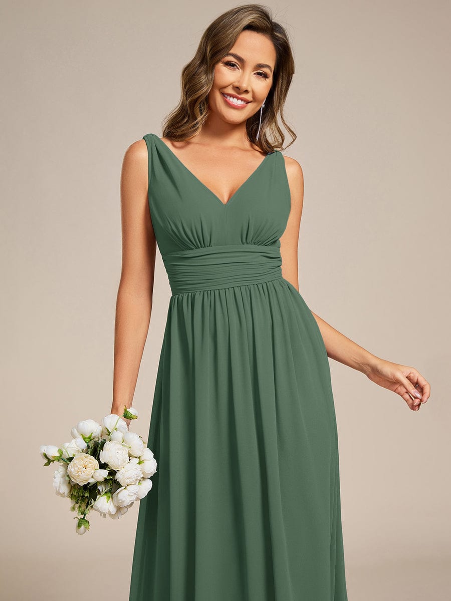 V Neck Sleeveless Pleated Chiffon Maxi Evening Dress #color_Eucalyptus Green