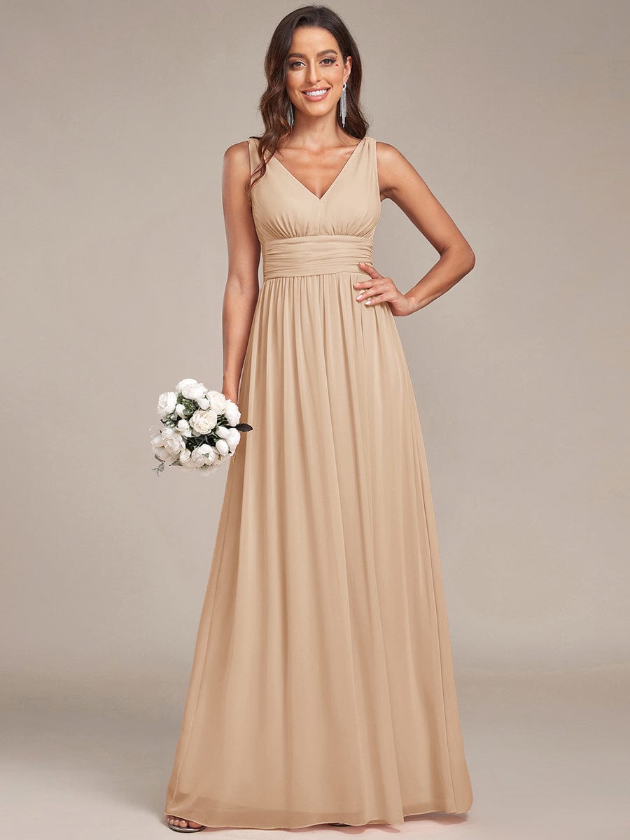 Elegant V Neck A Line Chiffon Maxi Bridesamid Dresses #color_Gold