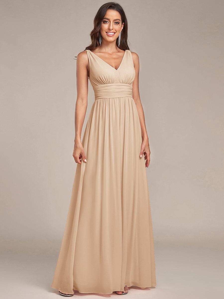 Elegant V Neck A Line Chiffon Maxi Bridesamid Dresses #color_Gold