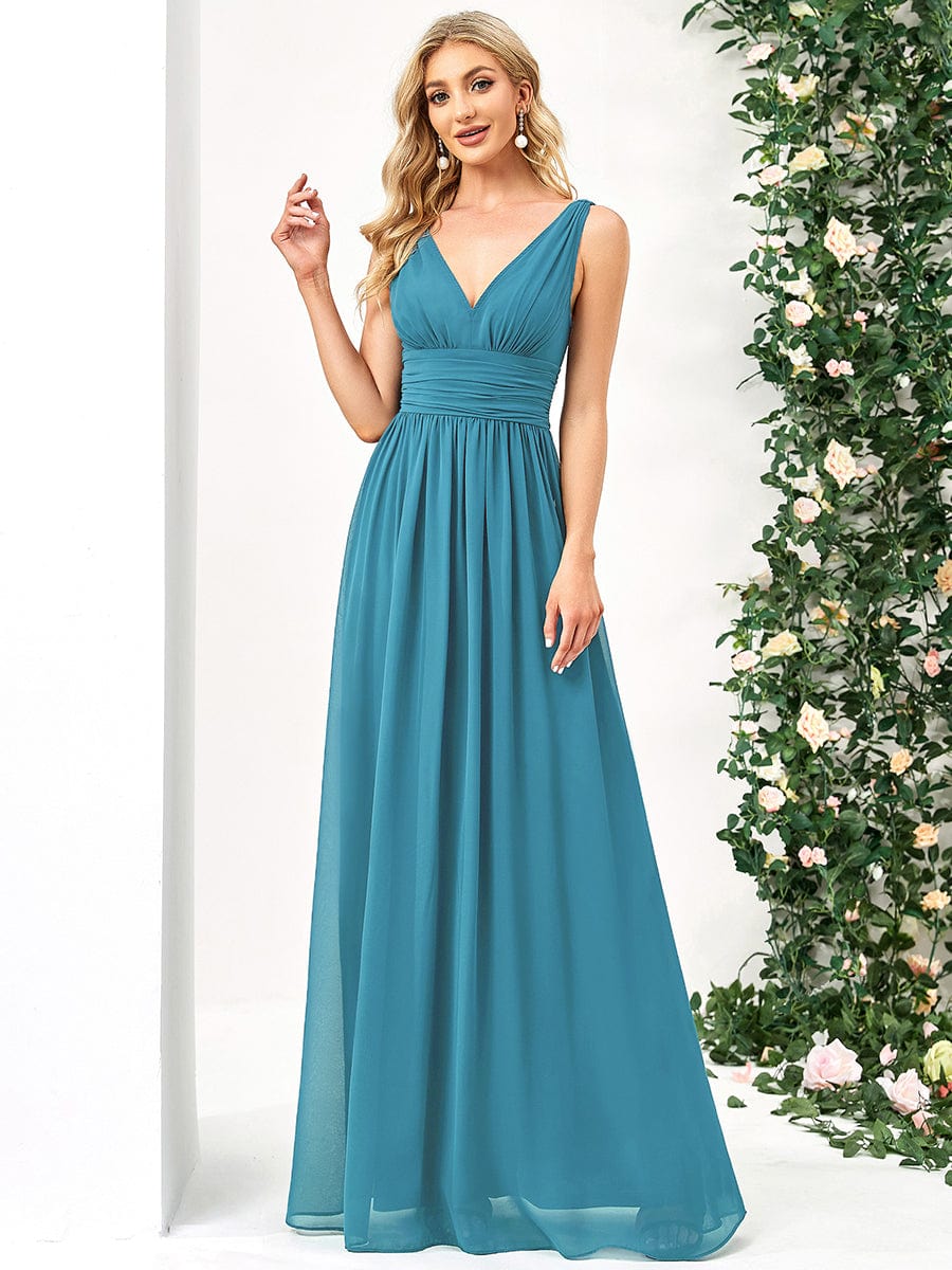 Elegant V Neck A Line Chiffon Maxi Bridesamid Dresses #color_Jade Blue